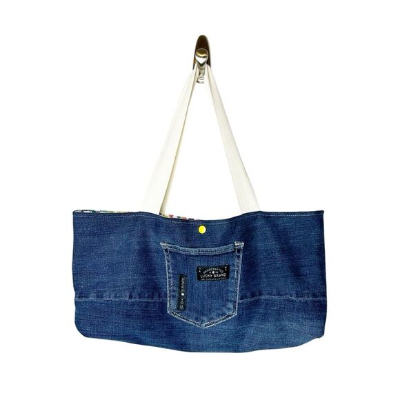 Denim Tote Bag Shoulder Bag Repurposed Lucky Brand Lined with Pockets NWT - Picture 1 of 7